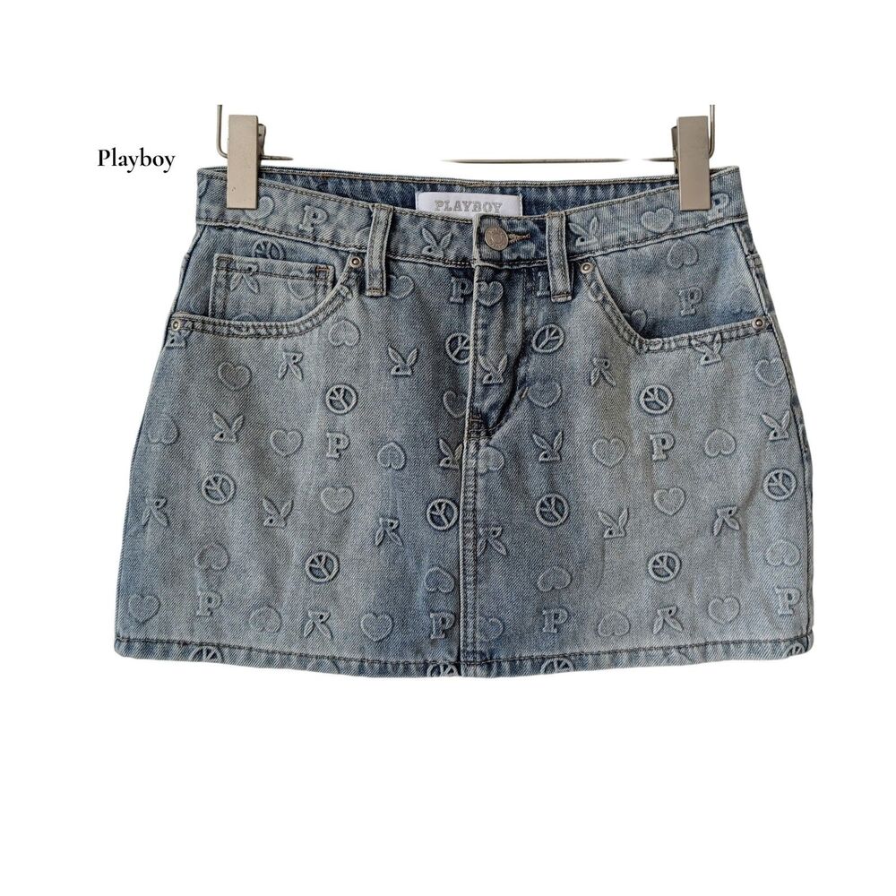 Playboy Denim Mini Skirt Size 5 Embossed Logo Bunny Heart Y2K Low Rise